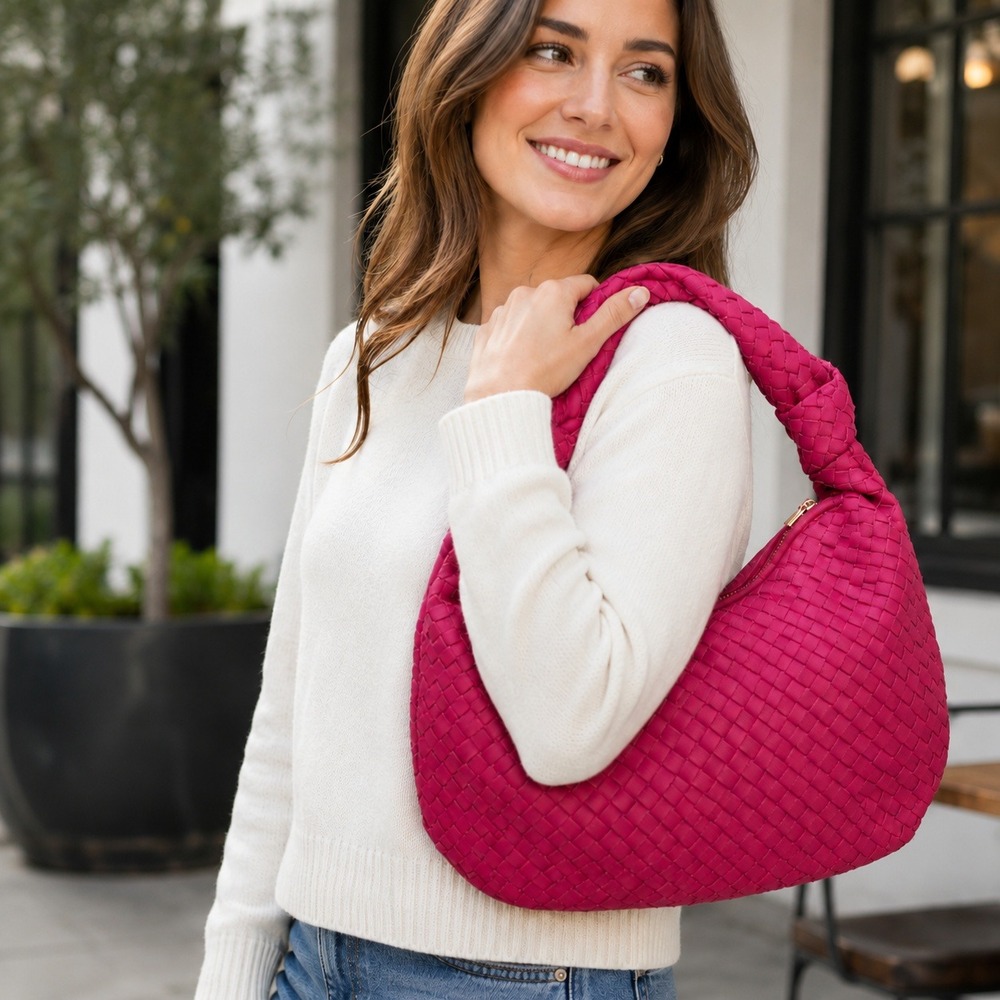 Melie Bianco Fuchsia Woven Hobo Bag Vegan Leather Pink Purse NWOT